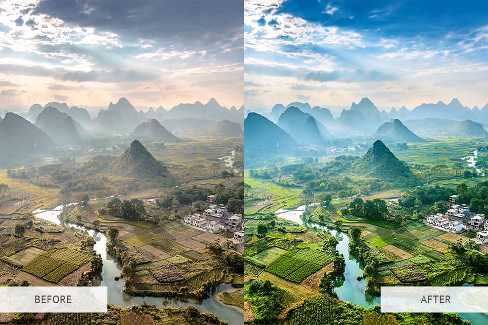 Bức ảnh so sánh sự khác biệt sau trước và sau khi chỉnh ảnh đi du lịch
