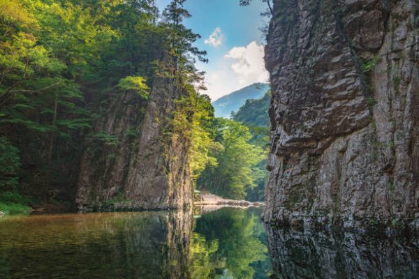 Scenery of the Sandankyo (Special Places of Scenic Beauty) Gorge Kurobuchi. Sandankyo is a 16-kilometer long ravine in the Nishi-Chugoku Sanchi Quasi-National Park in Akiota, Hiroshima, Japan.