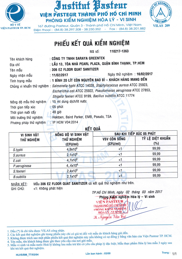 giấy kiểm nghiệm viện Pasteur dung dịch khử trùng xe ô tô Kenotek 306 EZC