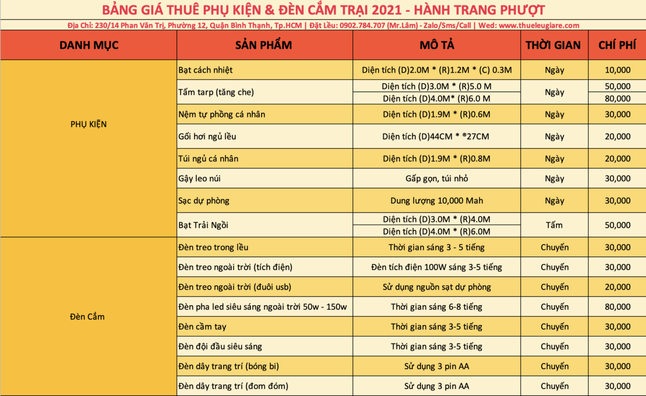 Cập nhật bảng giá thuê lều cắm trại năm 2021 tại Tp. Hồ Chí Minh